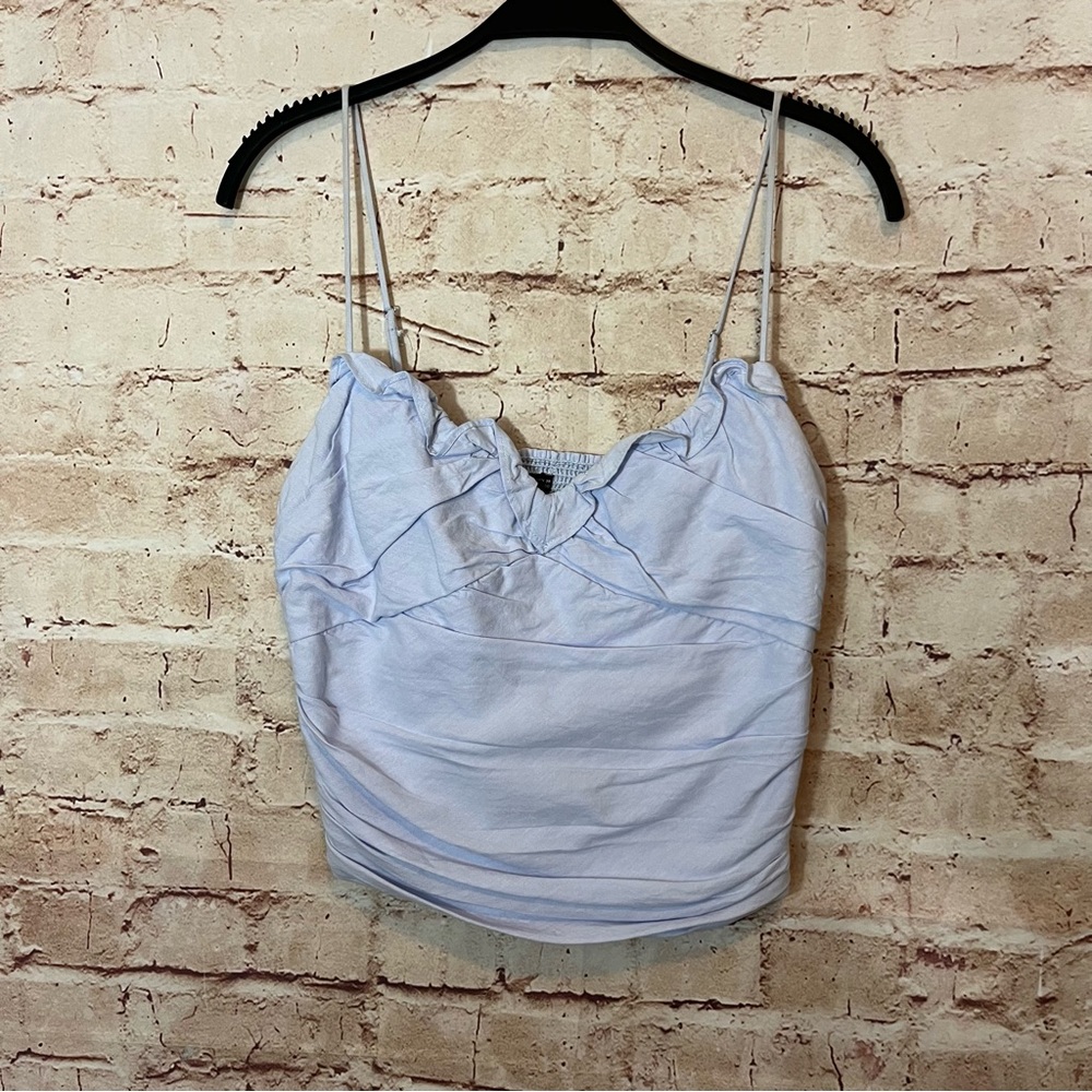 ZARA LT BLUE GATHERED SMOCKED BACK SLEEVELESS CROP TOP SIDE ZIP LINED Large